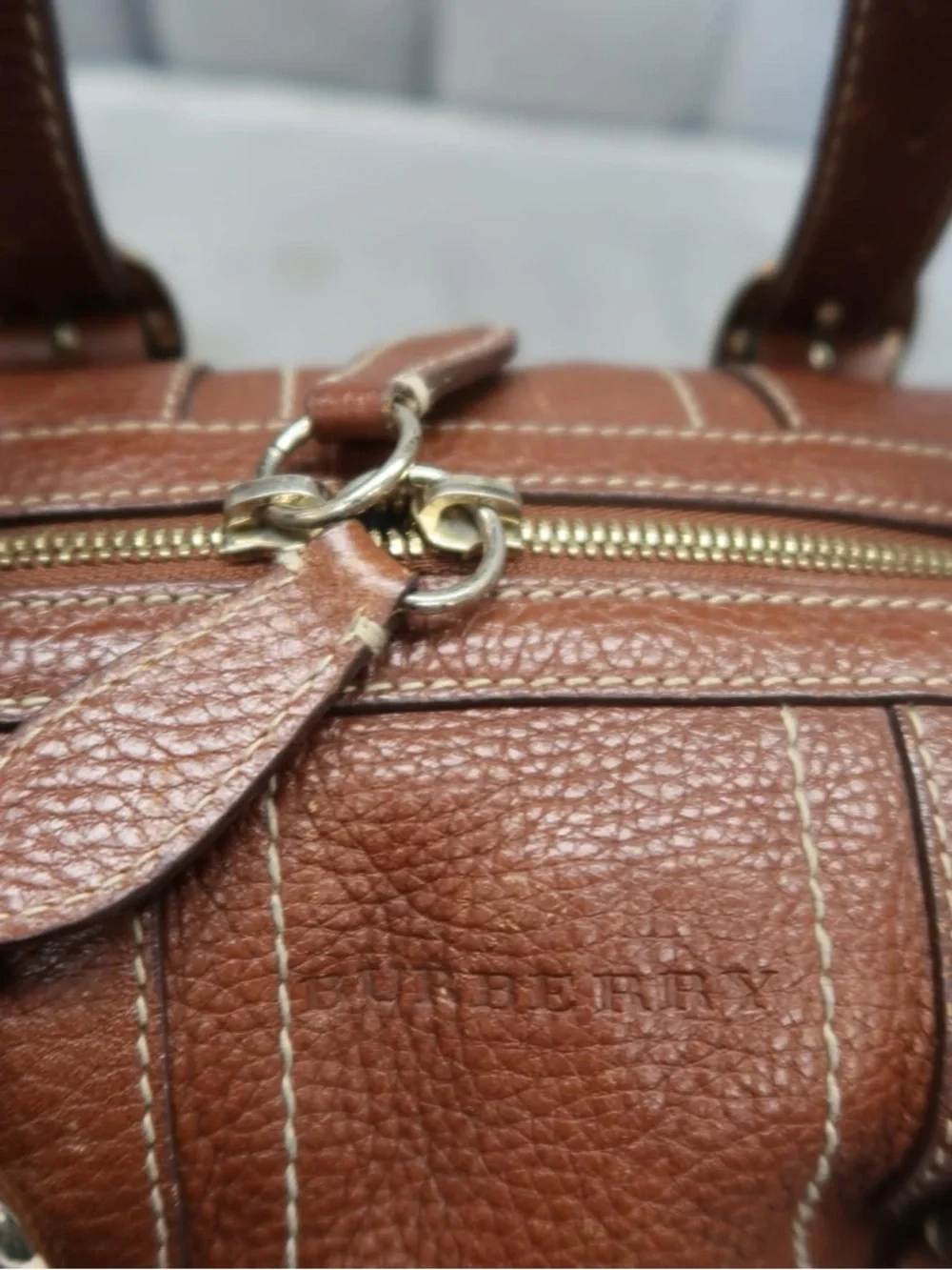 Burberry Brown Pebbled Leather Double-Handle Satchel - Picture 3 of 11